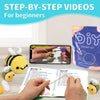 Hands demonstrate step-by-step video tutorials for making a crochet kit, showing finished cute animal projects.