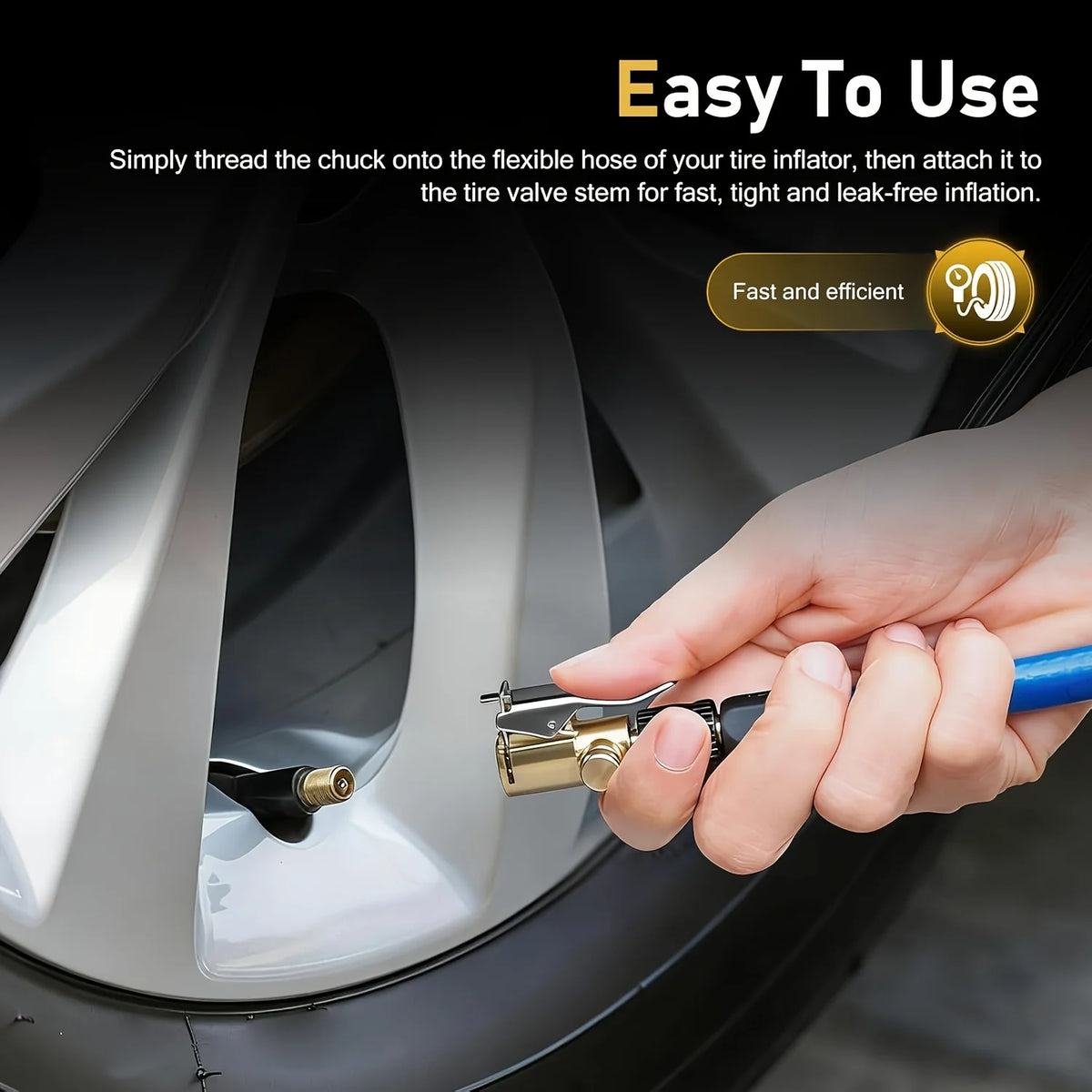 A hand is threading a brass chuck onto a flexible hose for tire inflation.