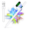 A white stylus pen with a black tip and LED indicator showing 100% charge, surrounded by colorful paint splatter.