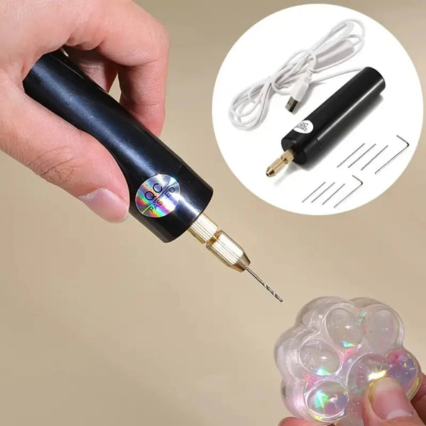 A hand holds a black mini electric drill for jewelry making, with the tool and cord shown separately.