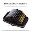 A black accordion wallet with multiple slots for storing credit cards and other items.