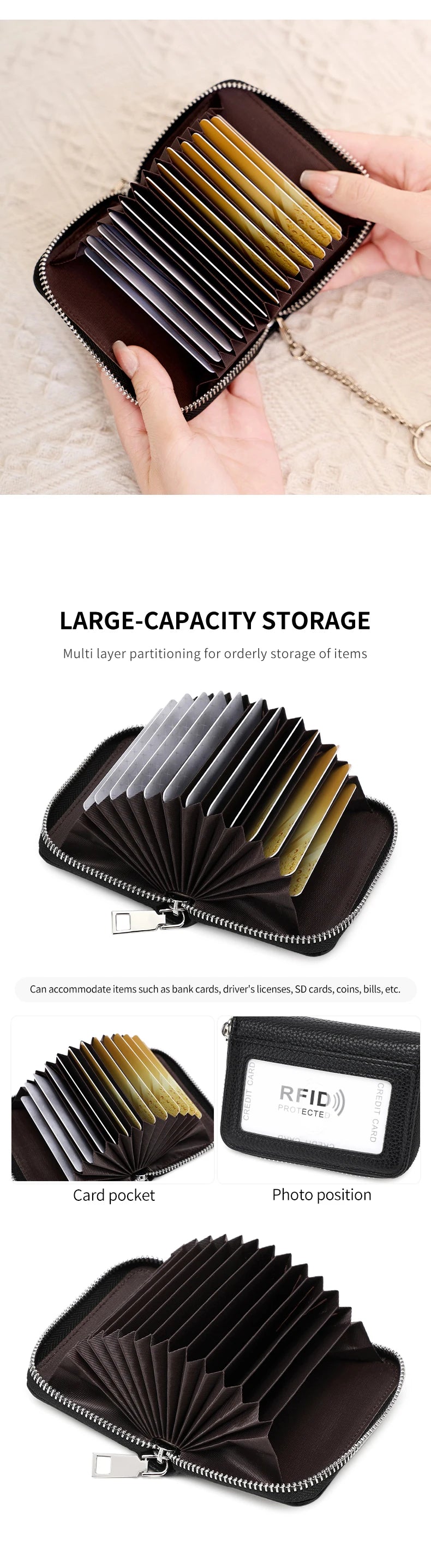 A black accordion wallet with multiple slots for storing credit cards and other items.
