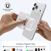 Une main tient un iPhone blanc avec un anneau magnétique, montrant une fonction de connexion mains libres.