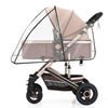 A beige universal waterproof stroller rain cover with a transparent shield and folding canopy.