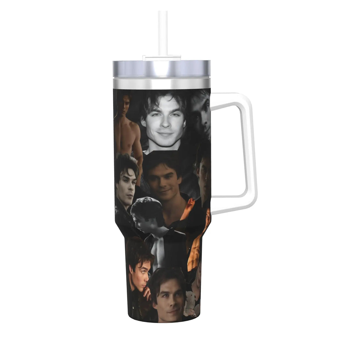 A stainless steel tumbler with a straw lid featuring a collage of male faces.