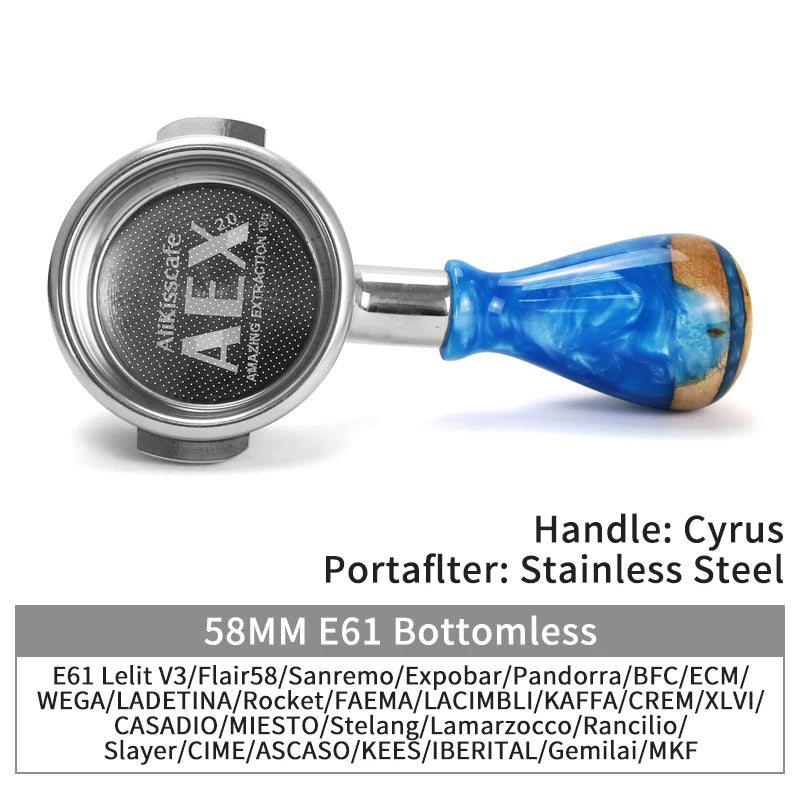 A stainless steel bottomless espresso portafilter with a blue handle for E61 machines