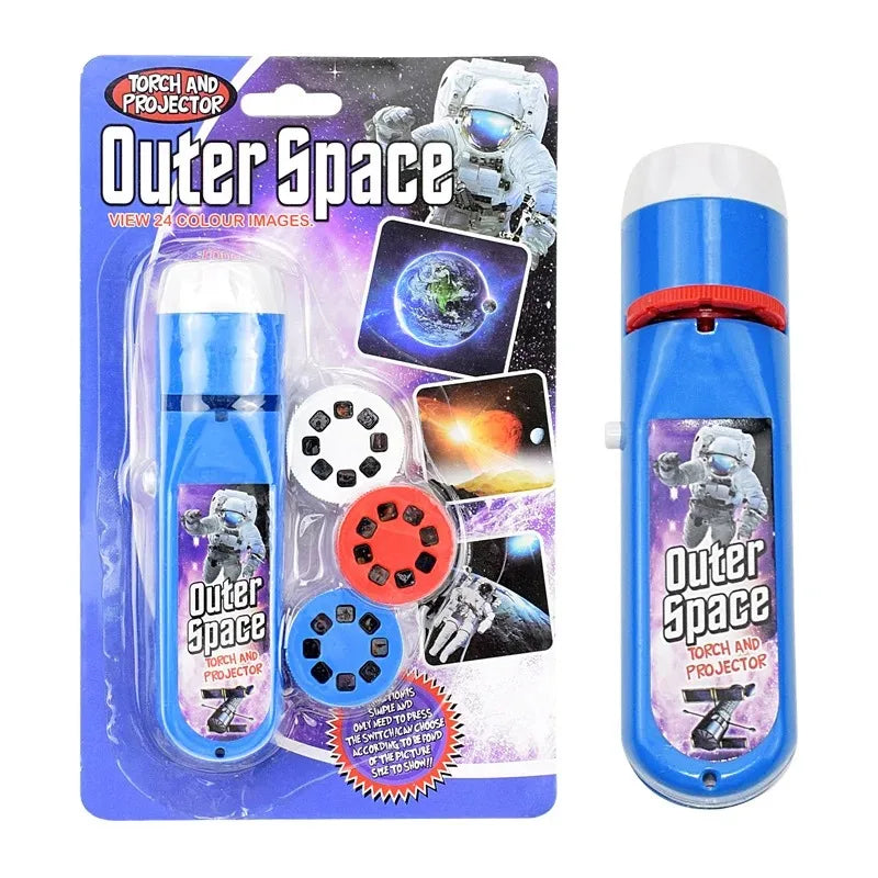 A package of an Outer Space torch and projector flashlight with various space-themed images.