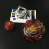 A red metal battle spinning top with a gold dragon design is shown next to its silver spinning mechanism.