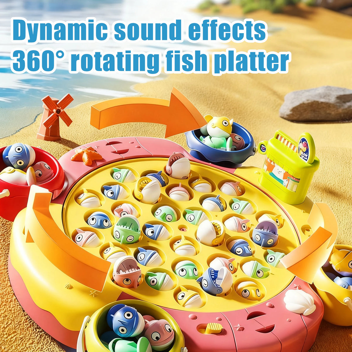 A colorful magnetic fishing platter toy with various fish figures is shown on a sandy background.