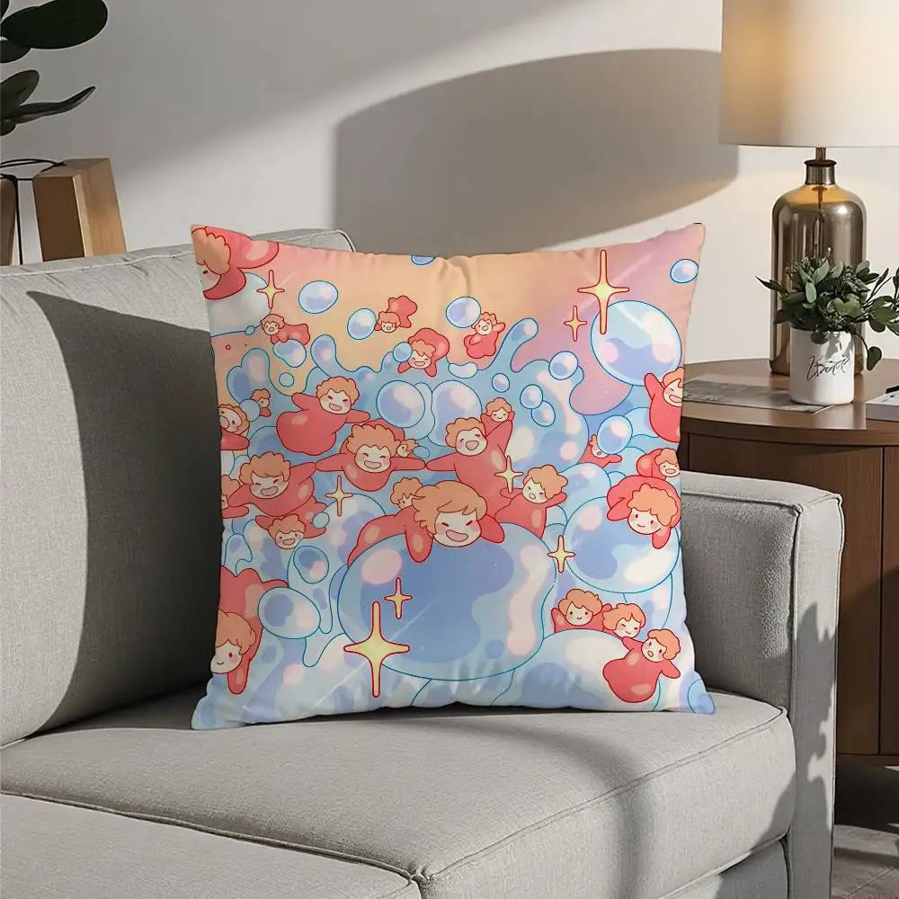 A colorful cartoon pillow featuring pink and orange ponies swimming in blue bubbles for home decor.