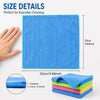 A bright blue reusable microfiber cleaning cloth is shown next to a hand, with other colored cloths stacked nearby.