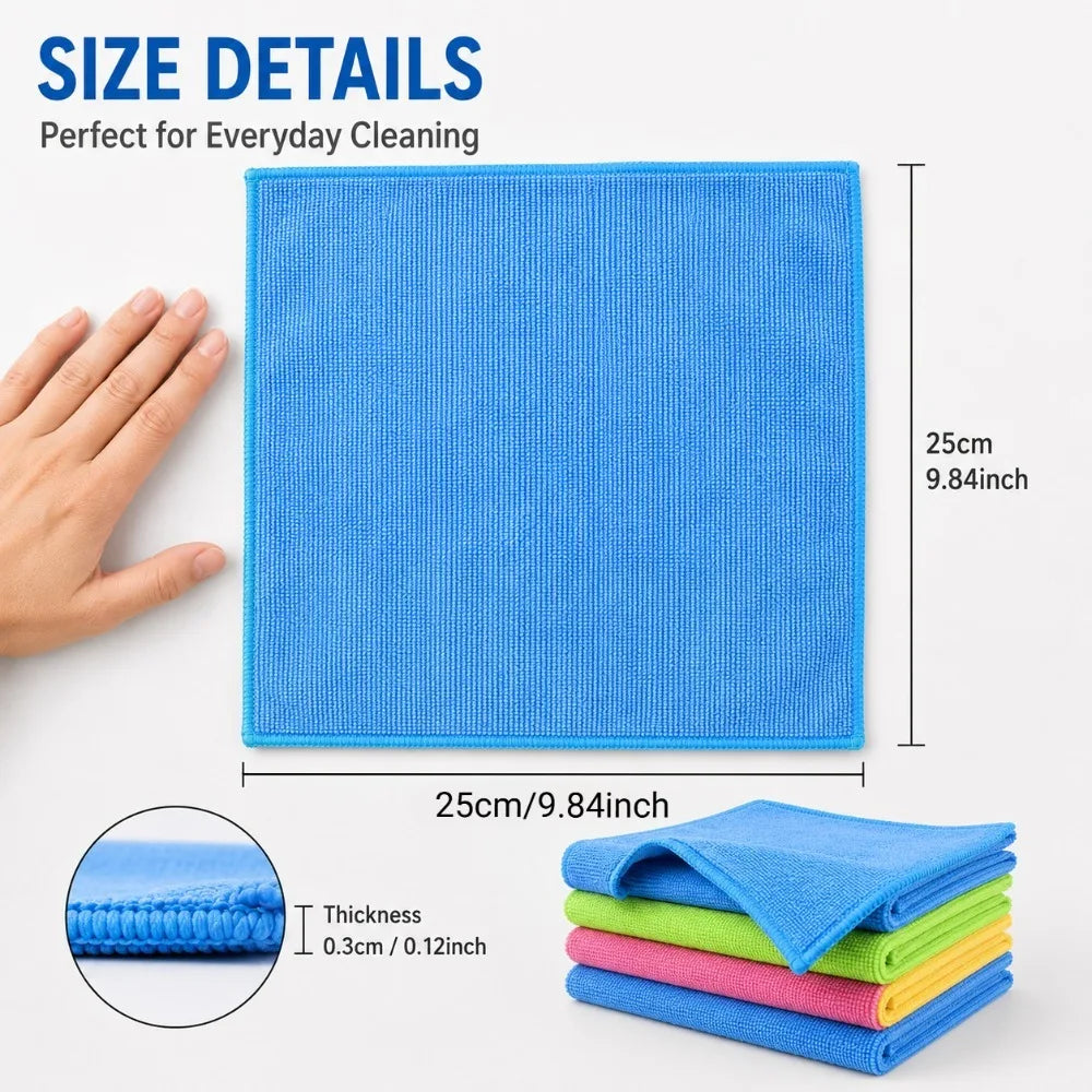 A bright blue reusable microfiber cleaning cloth is shown next to a hand, with other colored cloths stacked nearby.
