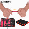 A hand holds a red silicone trim removal tool, demonstrating the use of a 38-piece auto trim removal tool set with storage ba