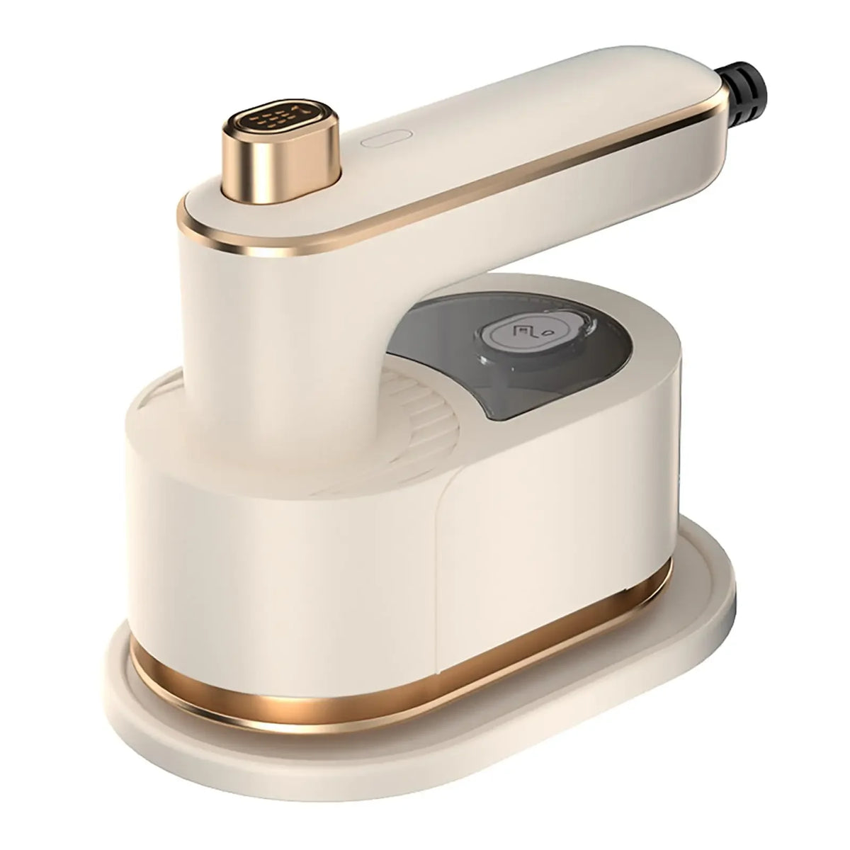 A beige and gold portable handheld garment steamer resting on a white base.