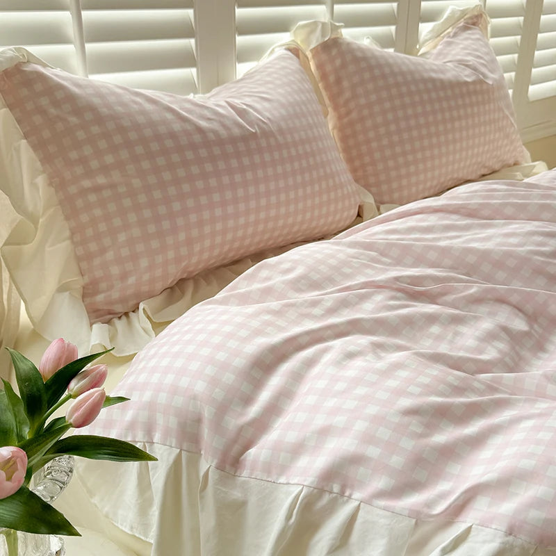 Pink Checkered Lace Duvet Cover Set (3 Pieces)