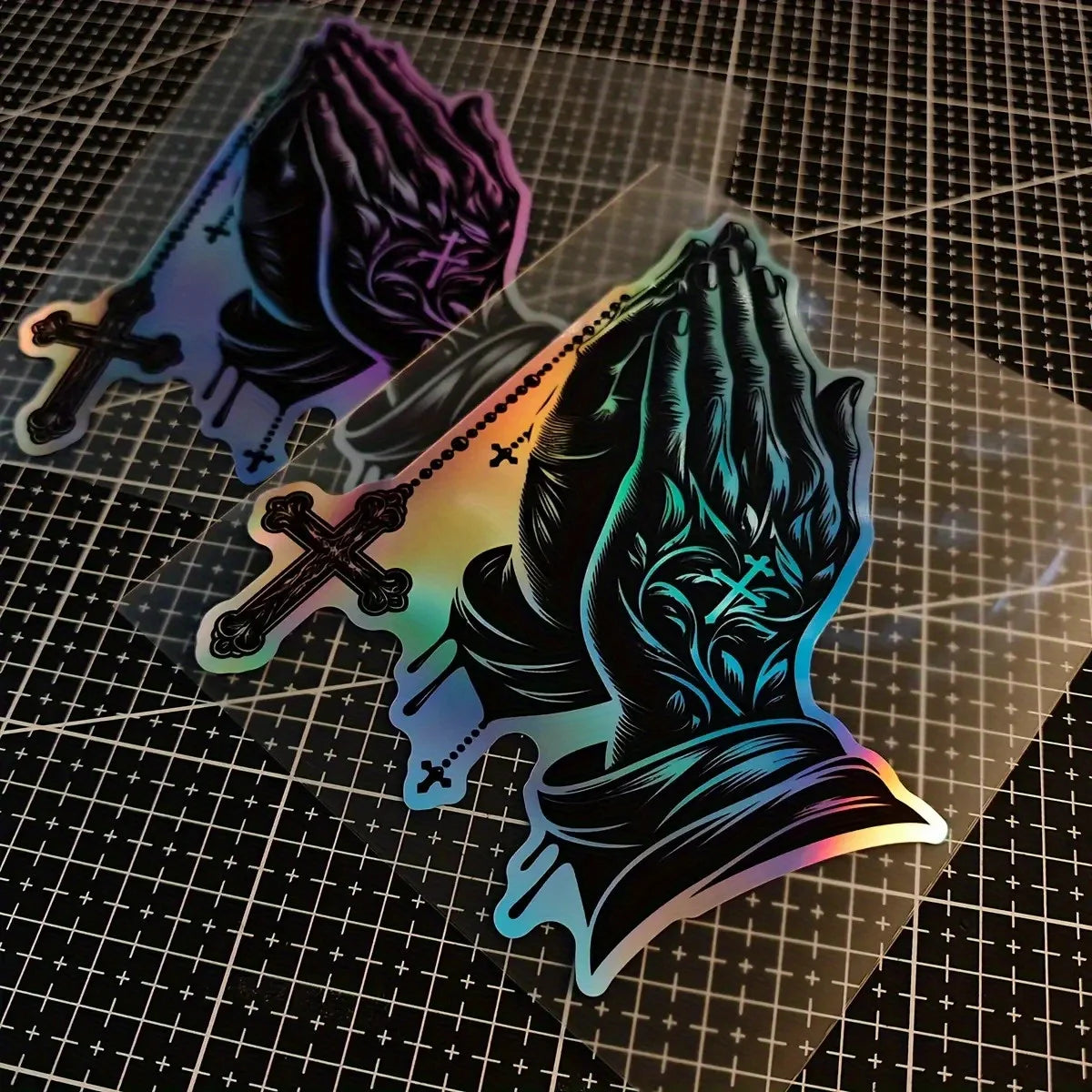 Religious Praying Hands Cross Decal – Black & Purple Gradient PVC Sticker