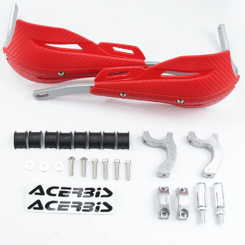 Red aluminum motorcycle handguards with mounting hardware and a branded sticker