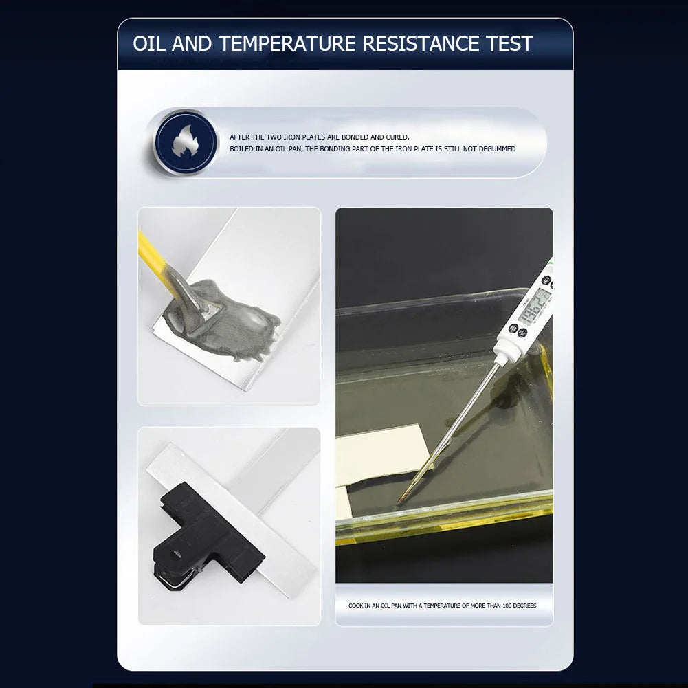 A test showing two plates bonded and cured, with a sample of the bonding part and a test setup for oil and temperature resist