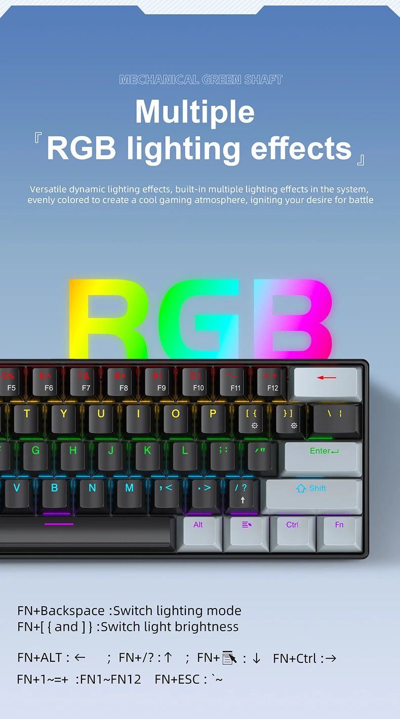 A close-up of a mechanical gaming keyboard with RGB lighting and various function keys.