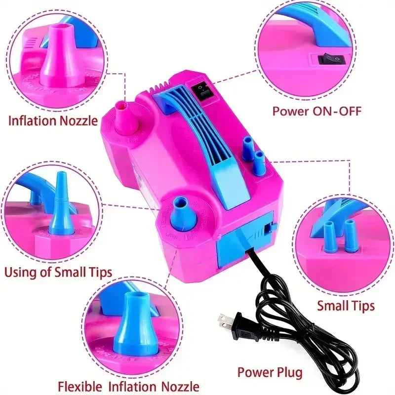 Pompe à ballons électrique rose montrant divers conseils et connexions de fiche d'alimentation.