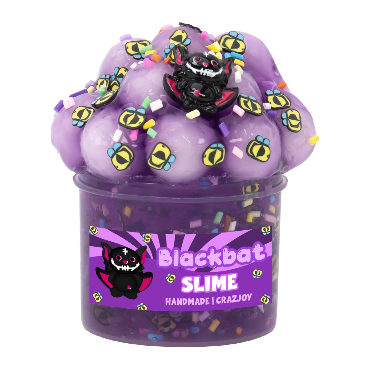 Purple slime in a jar decorated with small colorful sprinkles and a black monster face.
