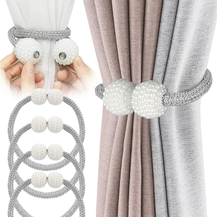 Pearl magnetic curtain tiebacks in gray and white, showing how they secure fabric.