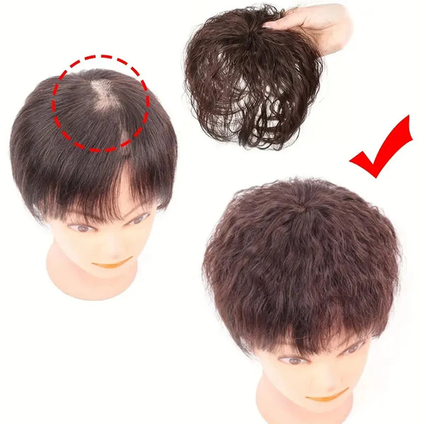 A woman's head shows a before and after comparison of invisible 3D synthetic hair bangs topper.