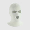 A white knitted ski mask car headrest cover with eye openings and a cutout for the face.