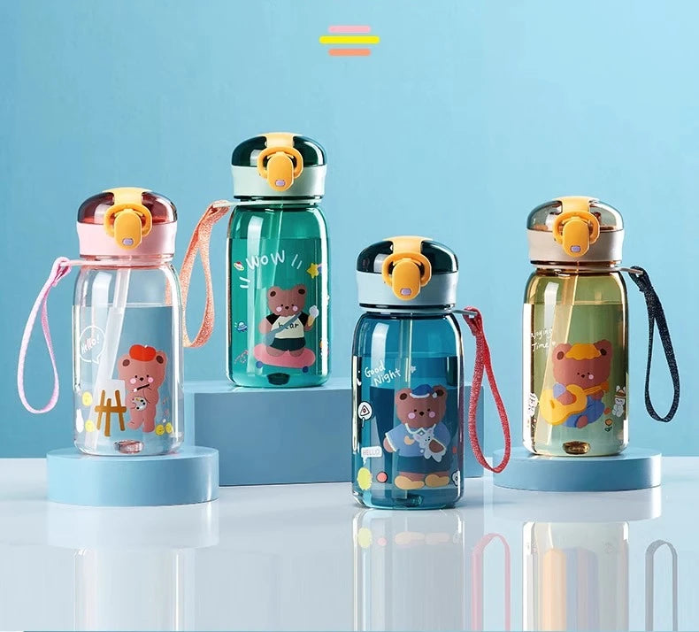 Kids' Teddy Bear Water Bottle with Straw & Carry Strap