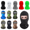 A collection of various camouflage and solid colored balaclavas for full face protection.