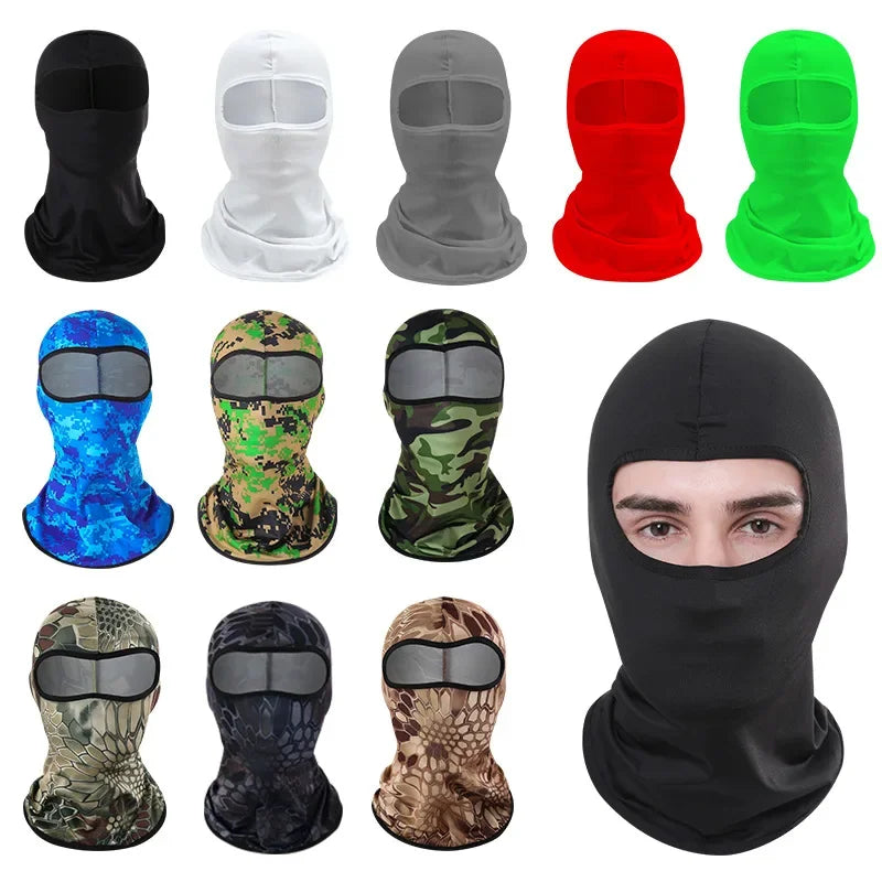 A collection of various camouflage and solid colored balaclavas for full face protection.