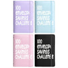 Three versions of a binder for a 100-day envelope savings challenge, featuring purple, light blue, and pink covers.
