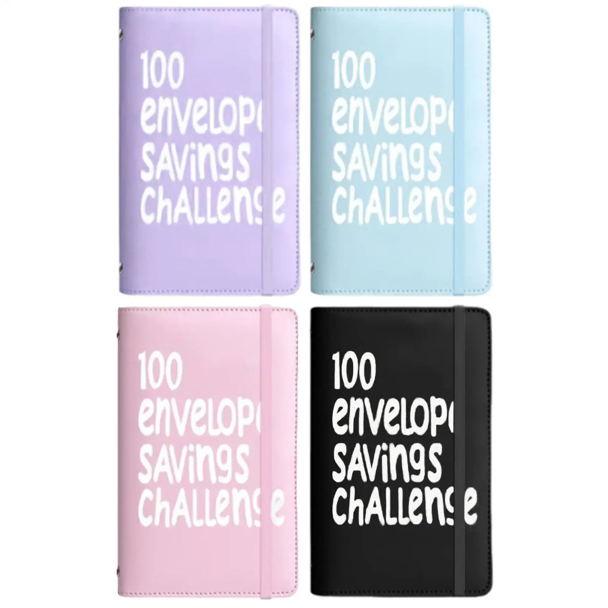 Three versions of a binder for a 100-day envelope savings challenge, featuring purple, light blue, and pink covers.