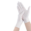 A hand wearing a white disposable nitrile glove is shown against a white background.