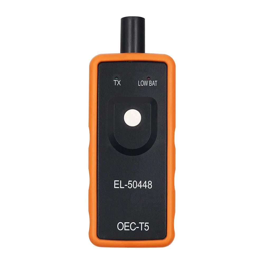 Black and orange GM TPMS sensor relearn tool with TX and LOW BAT indicators