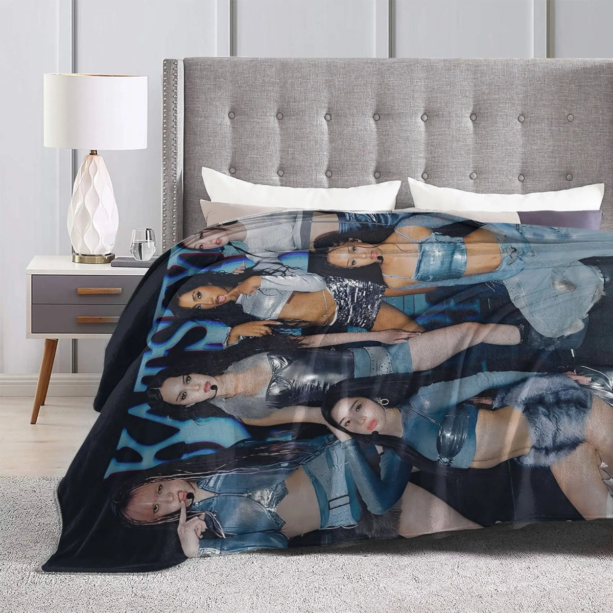 A creative microfiber fleece throw blanket featuring multiple women in various poses and outfits.
