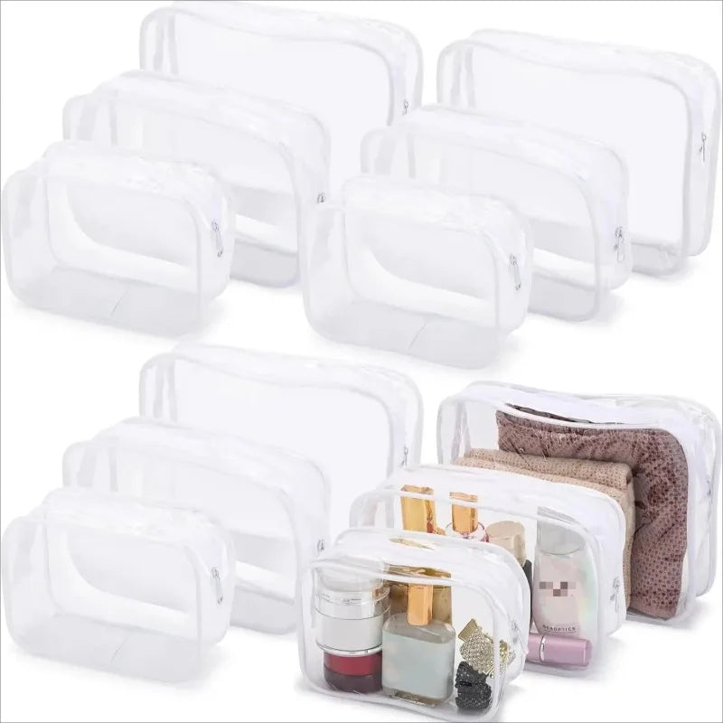 Clear PVC travel makeup and toiletry organizer bag with a zipper shown in various forms.