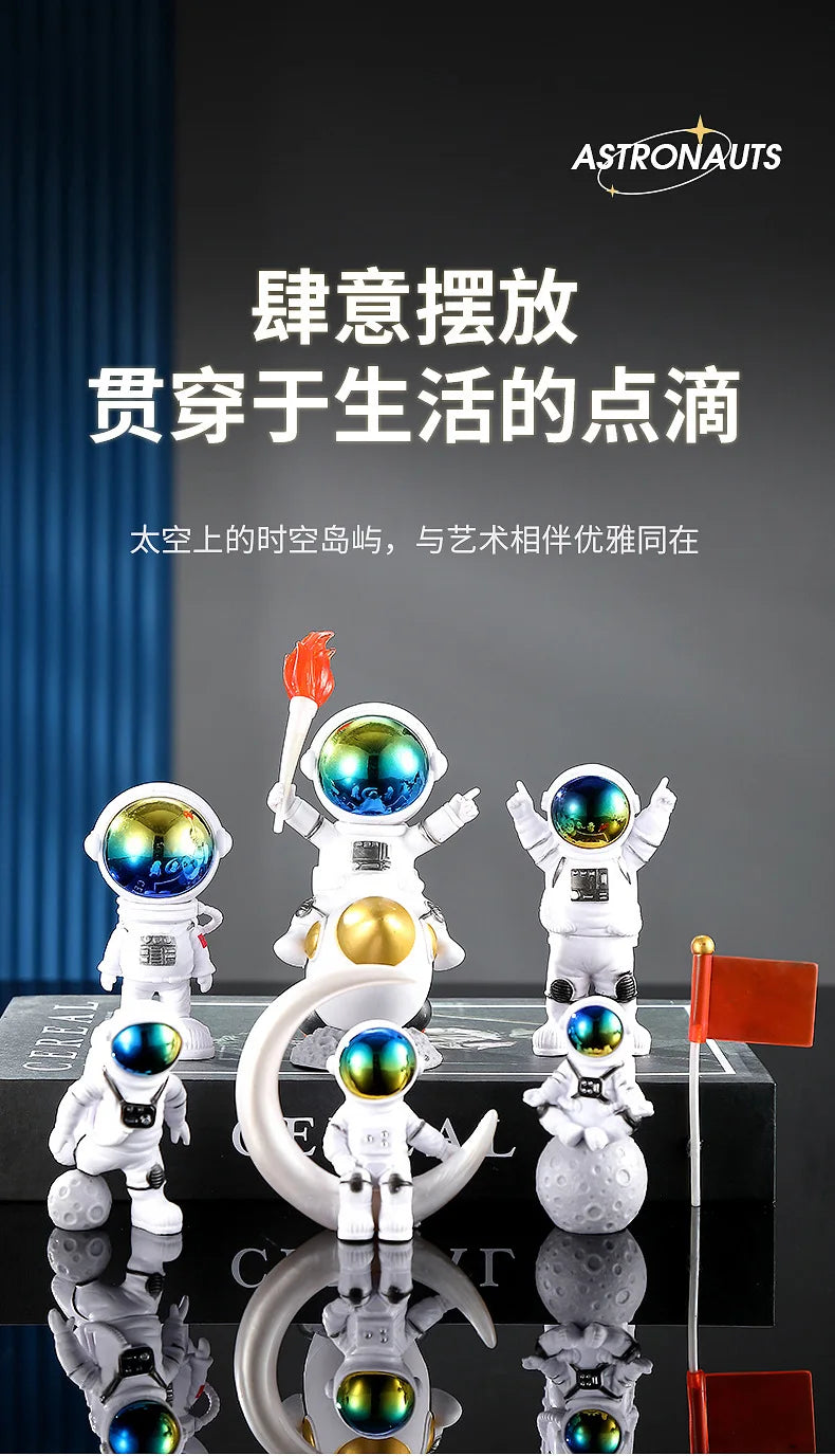 A set of handcrafted astronaut figurines made of resin, featuring various poses and colors, displayed on a dark surface.
