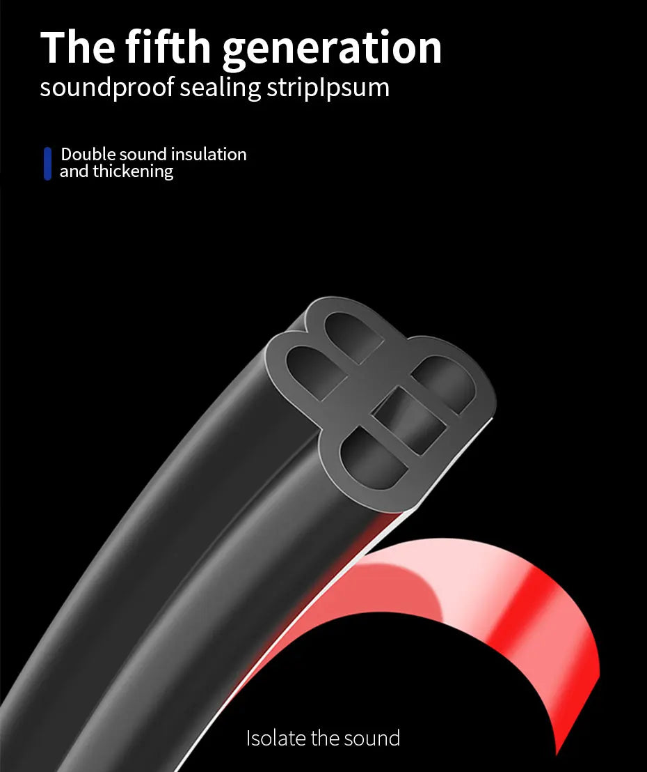 A close-up view of a black soundproof sealing strip being applied to a car door, showing its thickness and insulation feature