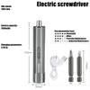 A silver electric screwdriver with a USB rechargeable battery and various drill bits shown next to its specifications.