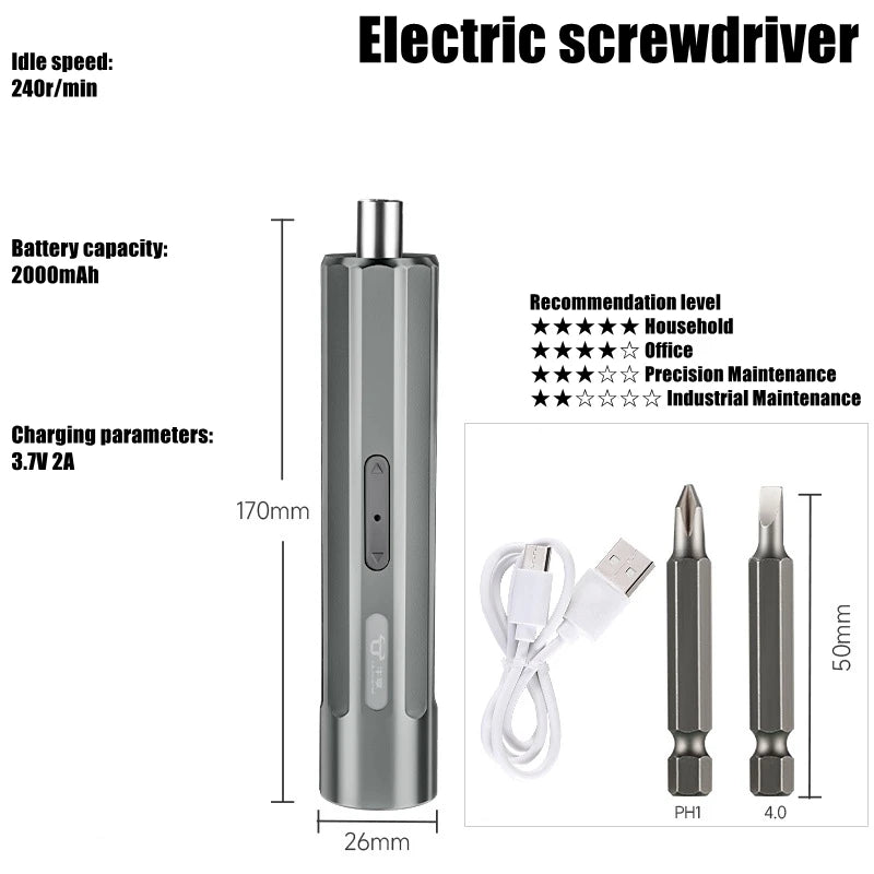 A silver electric screwdriver with a USB rechargeable battery and various drill bits shown next to its specifications.