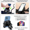 A blue phone mount for motorcycles and bikes showing installation and compatibility with various phone thicknesses.