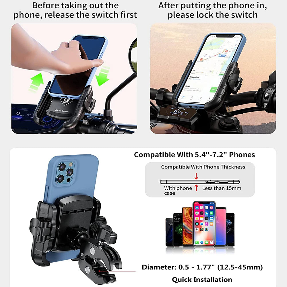 A blue phone mount for motorcycles and bikes showing installation and compatibility with various phone thicknesses.