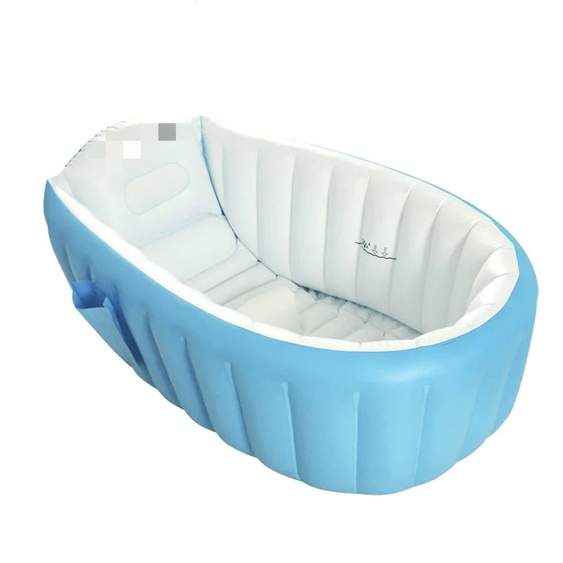 A light blue inflatable bathtub for babies and toddlers with a white interior and a hand pump.