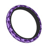 A purple and green camouflage steering wheel cover.