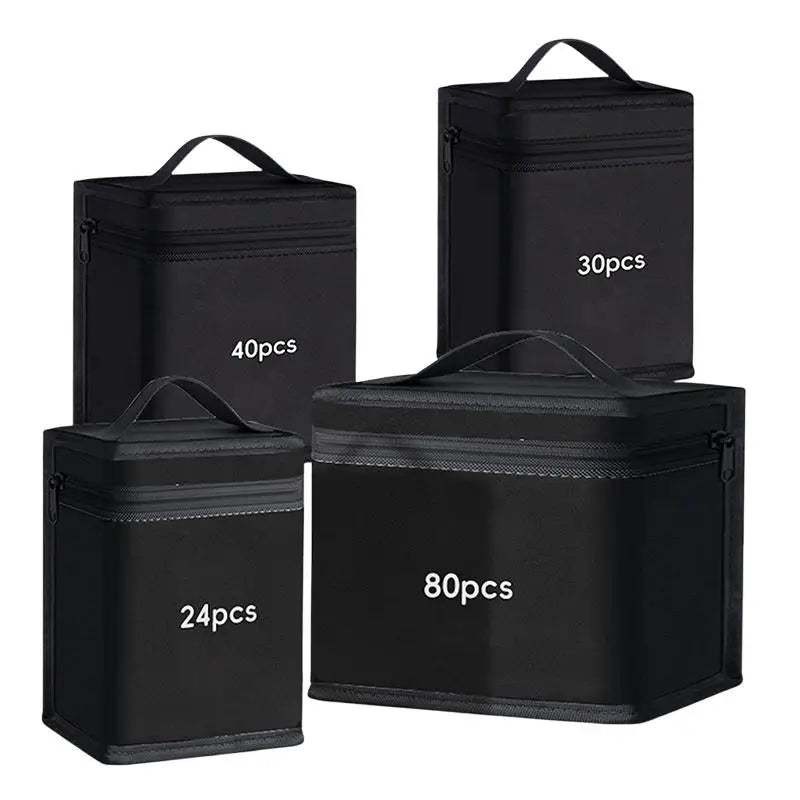 Black canvas pencil bags with various capacities including 24pcs, 30pcs, and 80pcs
