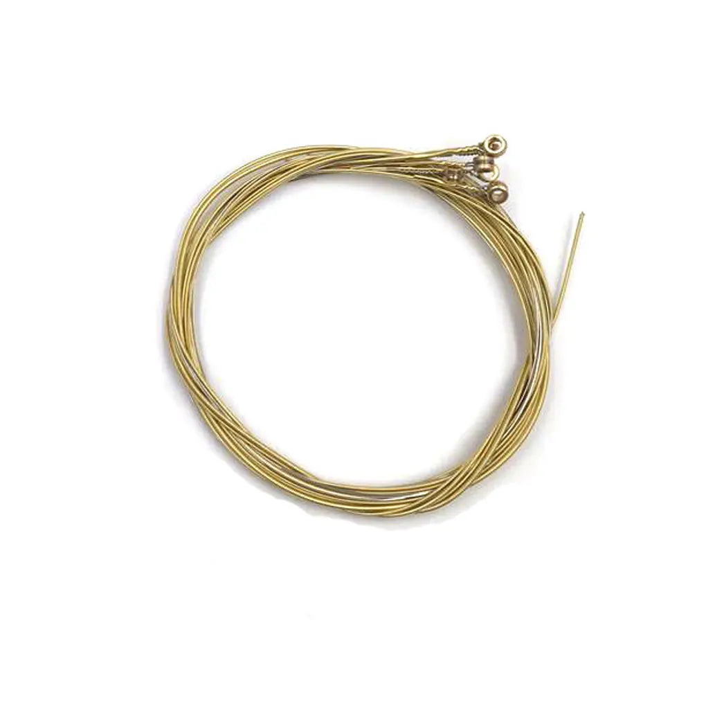 A set of six color-coded acoustic guitar strings coiled together.