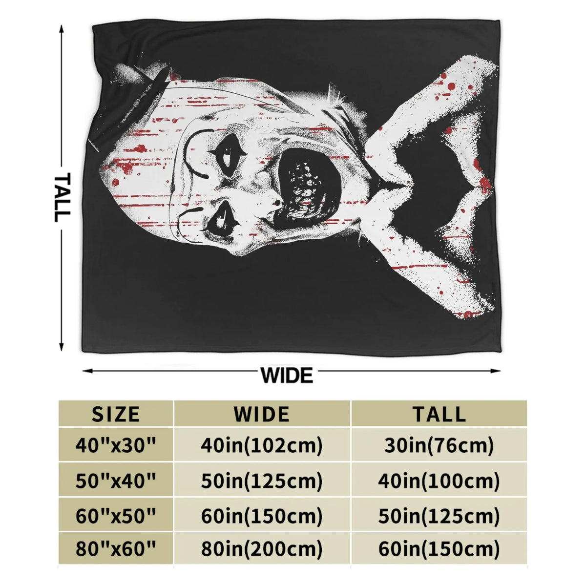 A black throw blanket featuring a distressed vintage art clown design with red splatter paint.
