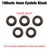 A set of 100 black 4mm eyelets, measuring 4mm or 0.16 inch, are displayed.