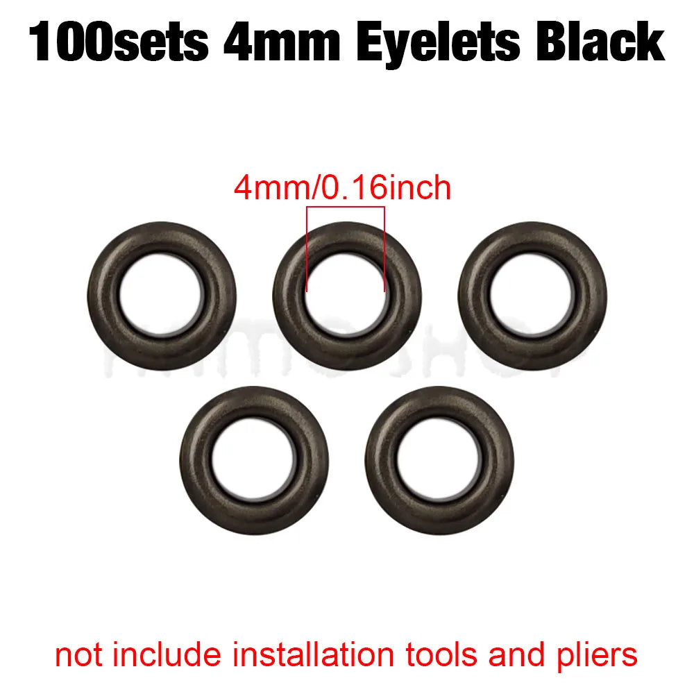 A set of 100 black 4mm eyelets, measuring 4mm or 0.16 inch, are displayed.